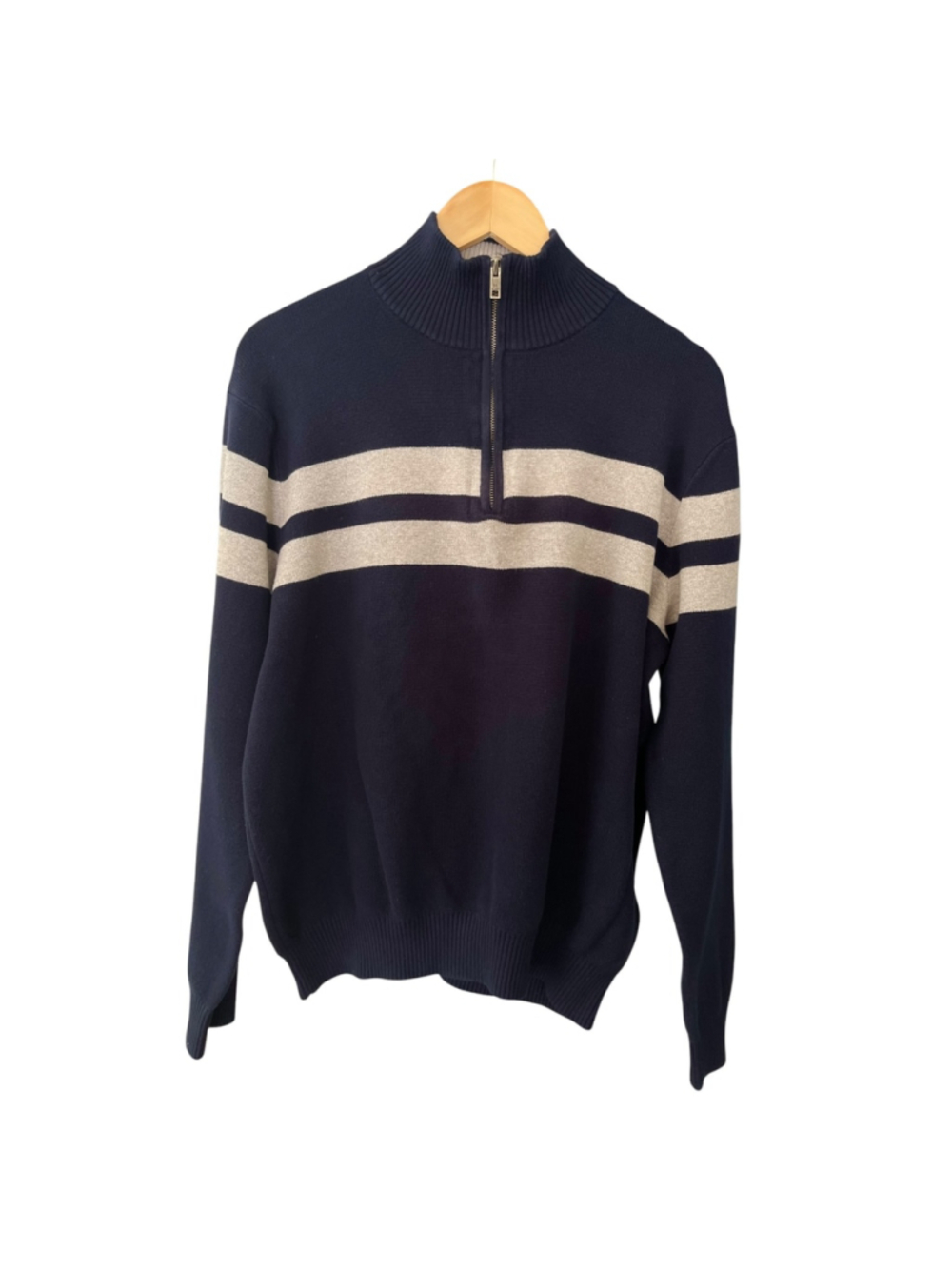 Tommy Hilfiger Mens Quarter Zip Sweater Large Navy Gray Striped Pullover Cotton